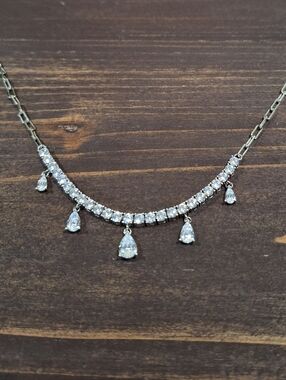 Diamonique Paperclip Chain Necklace w/ Pear Drop Dangles Sterling Silver QVC